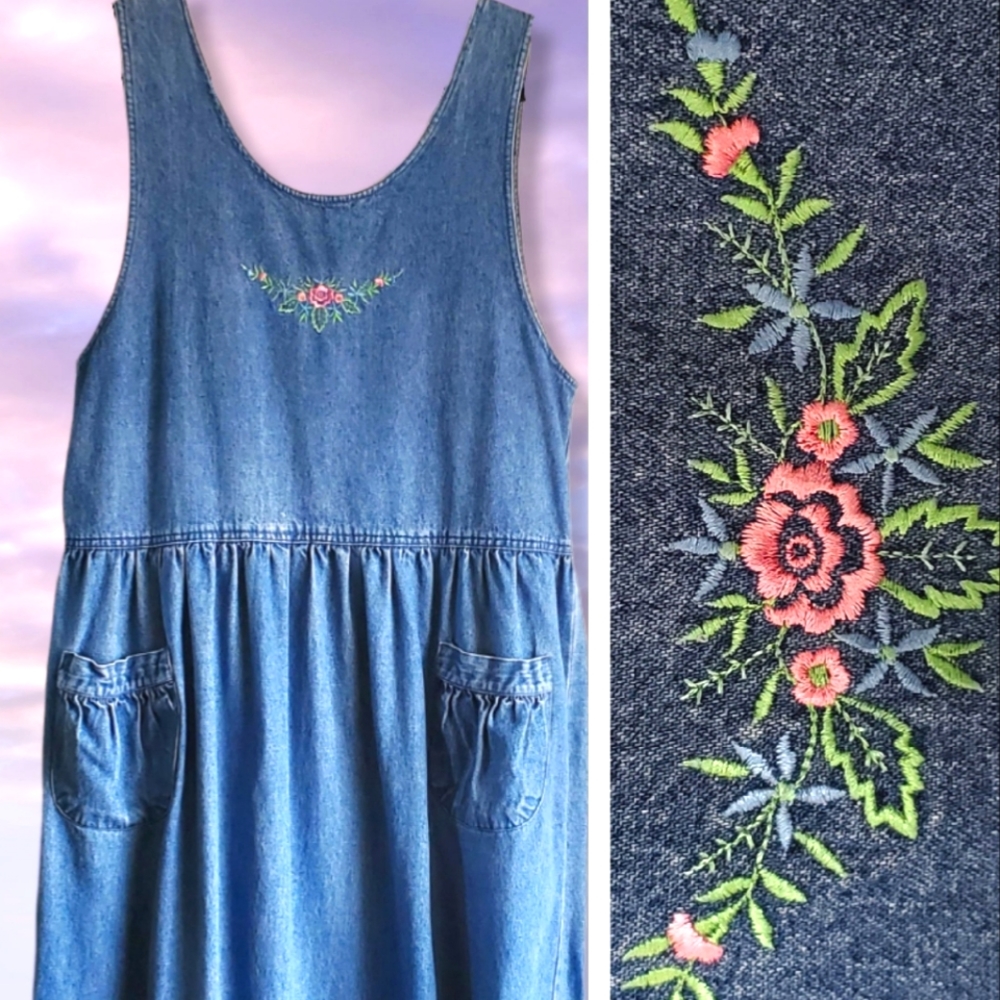 90's Embroidered Denim Floral Dress